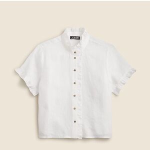 J. Crew White Ruffle-trim button-up shirt in linen SMALL